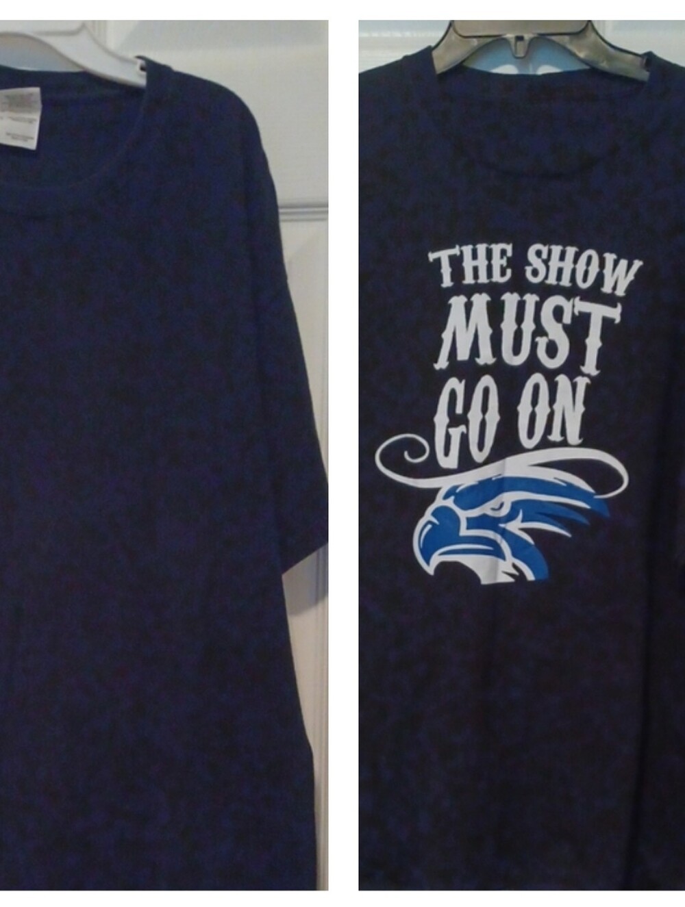 2 Gildan Men's Short Sleeve Crew T-Shirt Navy Blue & Show Must Go On Tee Size L